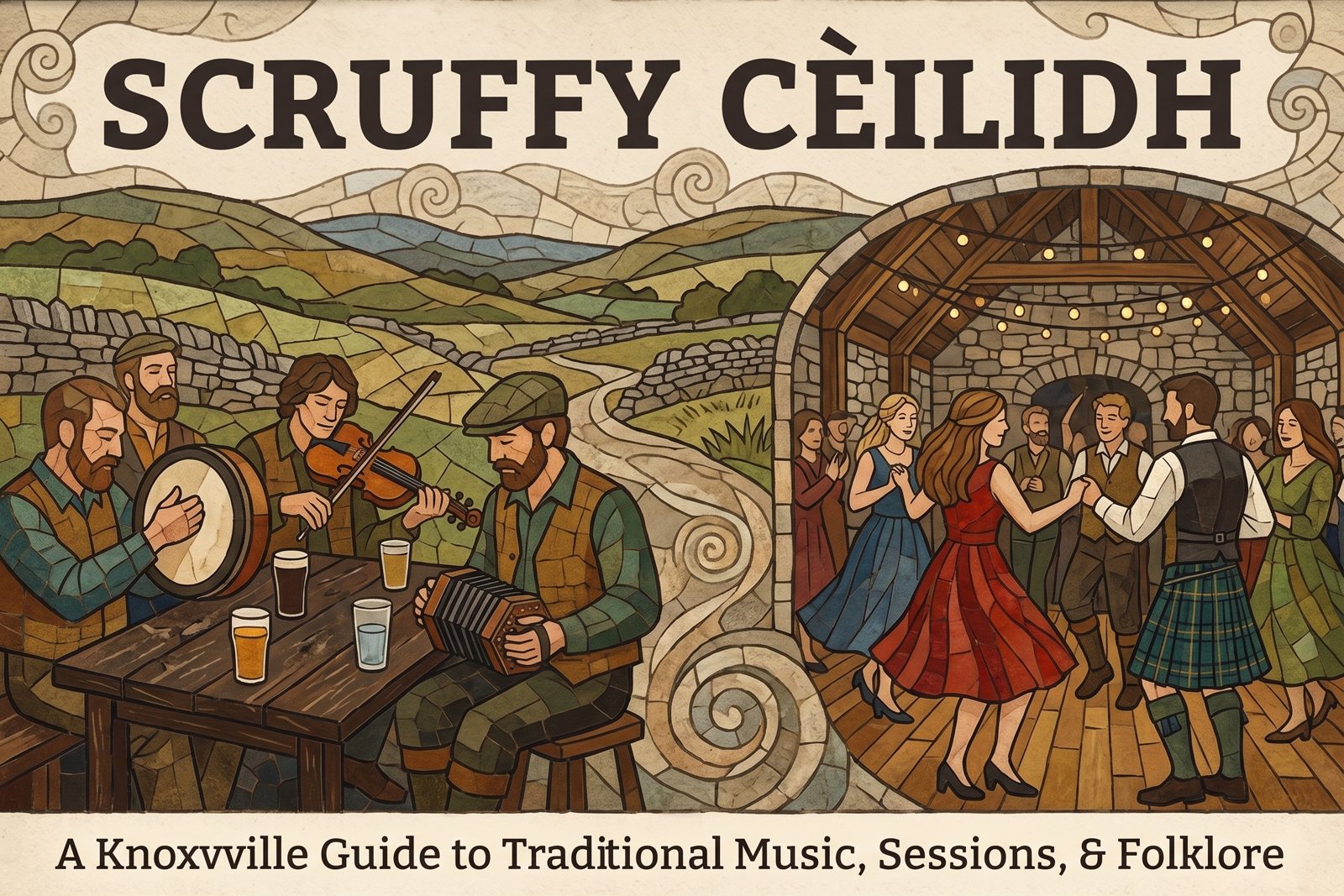 Mosaic-tile mural: a bodhrán player, fiddler, and concertina player around a pub table on the left; a cèilidh dance under string lights in a stone hall on the right; title reads Scruffy Cèilidh, a Knoxville guide to traditional music, sessions, and folklore.